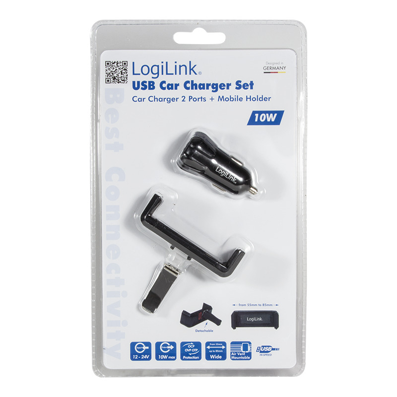 LogiLink USB KFZ Ladegerät + Smartphone Halterung, schwarz LogiLink USB KFZ Ladegerät + Smartphone Halterung, schwarz