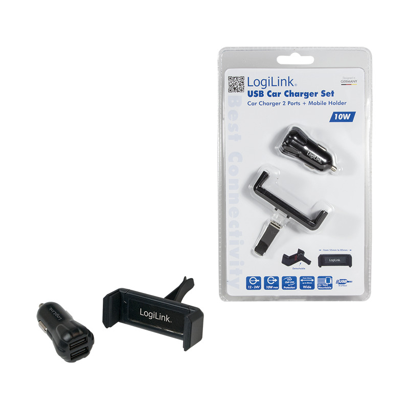 LogiLink USB KFZ Ladegerät + Smartphone Halterung, schwarz LogiLink USB KFZ Ladegerät + Smartphone Halterung, schwarz