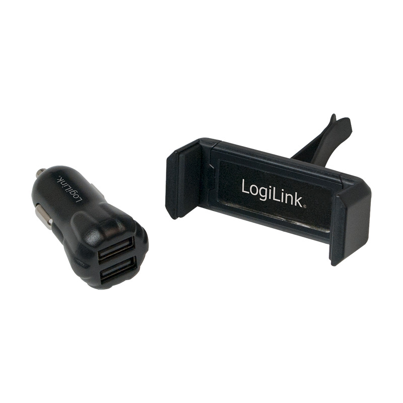 LogiLink USB KFZ Ladegerät + Smartphone Halterung, schwarz LogiLink USB KFZ Ladegerät + Smartphone Halterung, schwarz