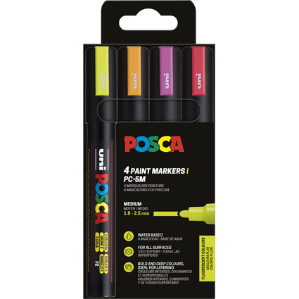 POSCA Pigmentmarker PC5M, 4er Etui, neonfarben