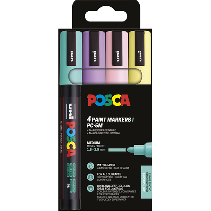 POSCA Pigmentmarker PC5M, softe Farben, 4er Etui