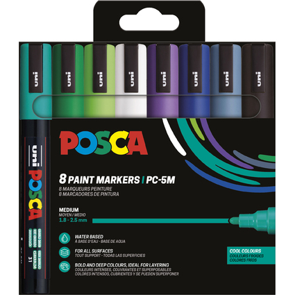 POSCA Pigmentmarker PC5M, 8er Etui, kalte Farben
