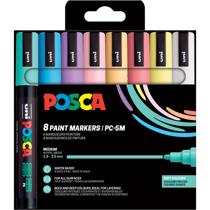 POSCA Pigmentmarker PC5M, softe Farben, 8er Etui