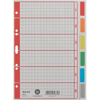 LEITZ Karton-Register extrastark, blanko, A5, 6-teilig, grau