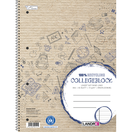LANDR Collegeblock "Recycling" DIN A4, liniert, 80 Blatt