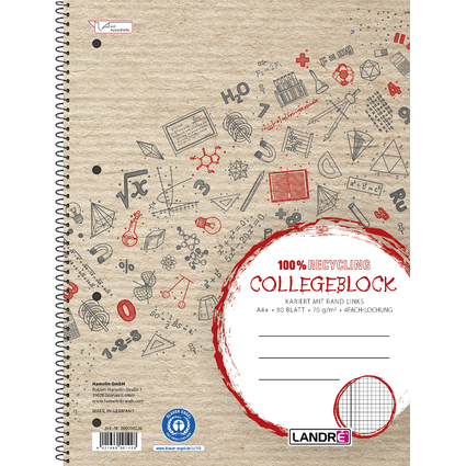 LANDRÉ Collegeblock "Recycling" DIN A4, kariert, 80 Blatt