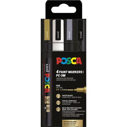 POSCA Pigmentmarker PC3M, 4er Etui, farbig sortiert