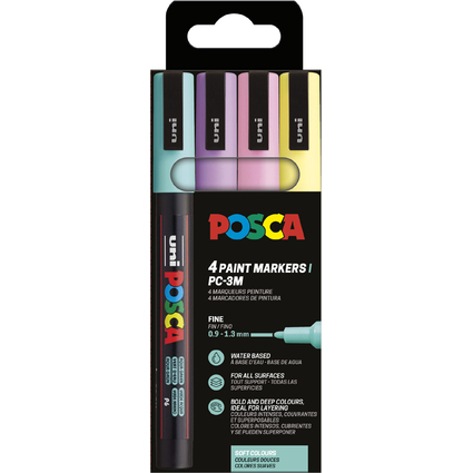 POSCA Pigmentmarker PC3M, softe Farben, 4er Etui