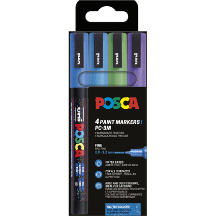 POSCA Pigmentmarker PC3ML Glitter, 4er Etui, farbig sortiert