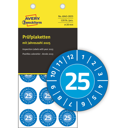 AVERY Zweckform Prüfplaketten, 2025, NoPeel, blau, 20 mm