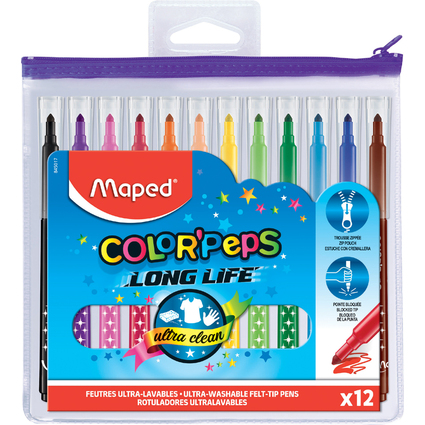 Maped Fasermaler COLOR'PEPS Long Life, 12er Reiverschluss-