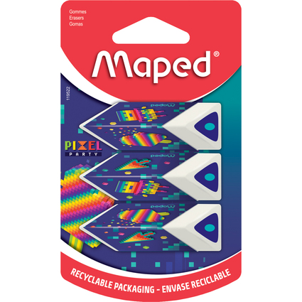 Maped Kunststoff-Radierer Pyramide PIXEL PARTY, 3er Blister