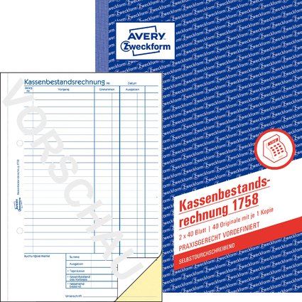 AVERY Zweckform Formularbuch "Kassenbericht/Bestand", A5