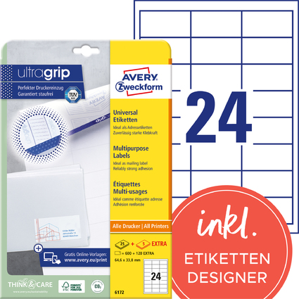 AVERY Zweckform Universal-Etiketten, 64,6 x 33,8 mm, weiß