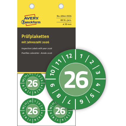 AVERY Zweckform Prüfplaketten, 2026, Vinyl, grün, 30 mm