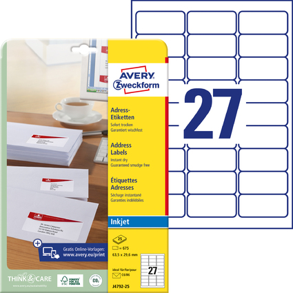 AVERY Zweckform Inkjet Adress-Etiketten, 63,5 x 29,6 mm