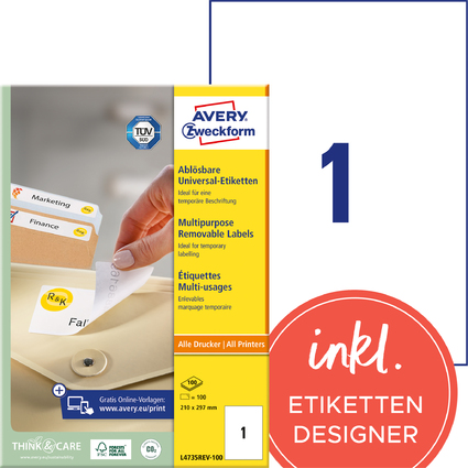 AVERY Zweckform Universal-Etiketten, 210 x 297 mm, wei