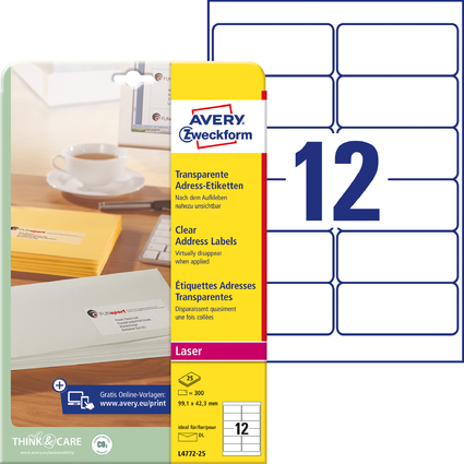 AVERY Zweckform Transparente Adress-Etiketten, 99,1 x 42,3mm