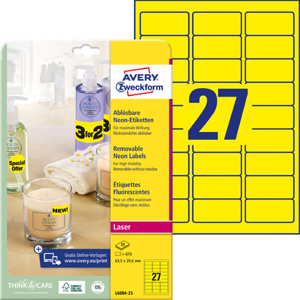 AVERY Zweckform Stick&Lift Etiketten, 63,5 x 29,6 mm, gelb