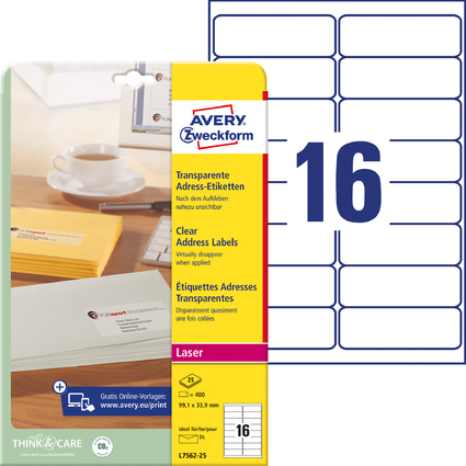 AVERY Zweckform Transparente Adress-Etiketten, 99,1 x 33,9mm