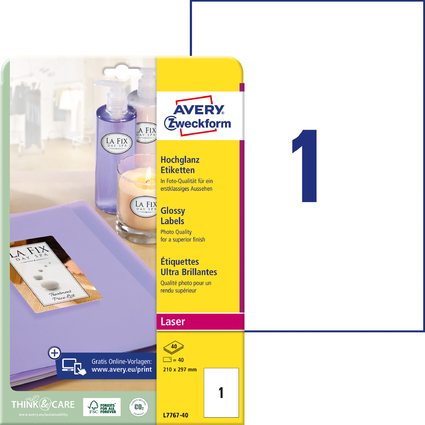 AVERY Zweckform Hochglanz-Foto-Etiketten, 210 x 297 mm, weiß