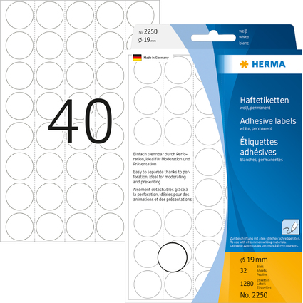 HERMA Markierungspunkte, Durchmesser: 19 mm, weiß
