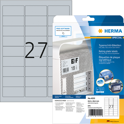 HERMA Typenschild-Etiketten SPECIAL, 63,5 x 29,6 mm, silber