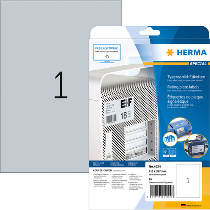 HERMA Typenschild-Etiketten SPECIAL, 210 x 297 mm, silber