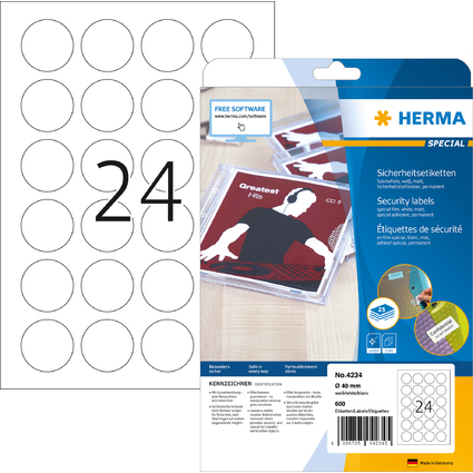 HERMA Verschlussetiketten SPECIAL, Durchmesser: 40 mm, weiß