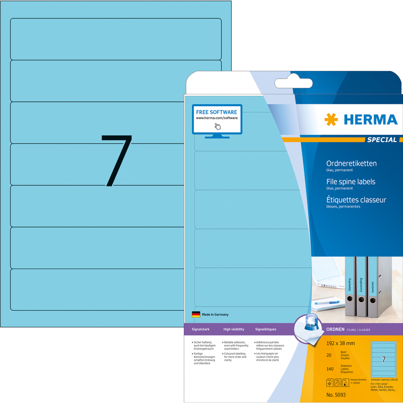 HERMA 5093 Ordneretiketten A4 192x38 mm blau Papier matt blickdicht 140 St.