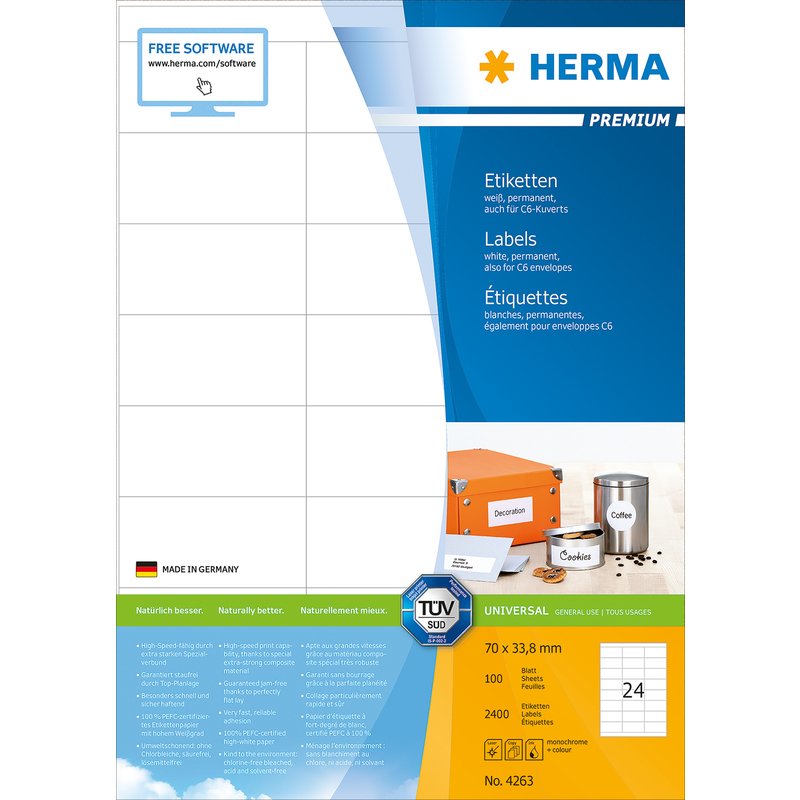 HERMA Universal Etiketten PREMIUM, 70 x 33,8 mm, weiß HERMA Universal Etiketten PREMIUM, 70 x 33,8 mm, weiß
