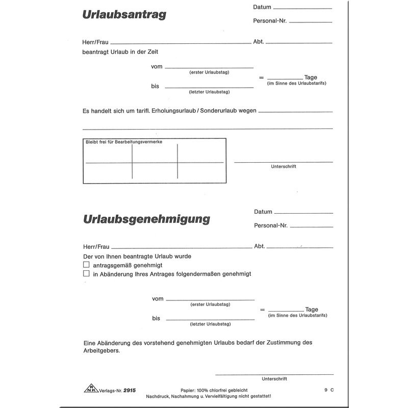 RNK Verlag Vordruck "Urlaubsantrag", Block, DIN A5 2915 ...
