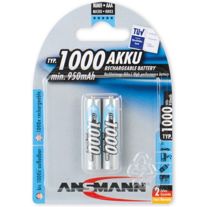 ANSMANN NiMH Akku Premium, Micro AAA, 1.000 mAh, 2er Blister